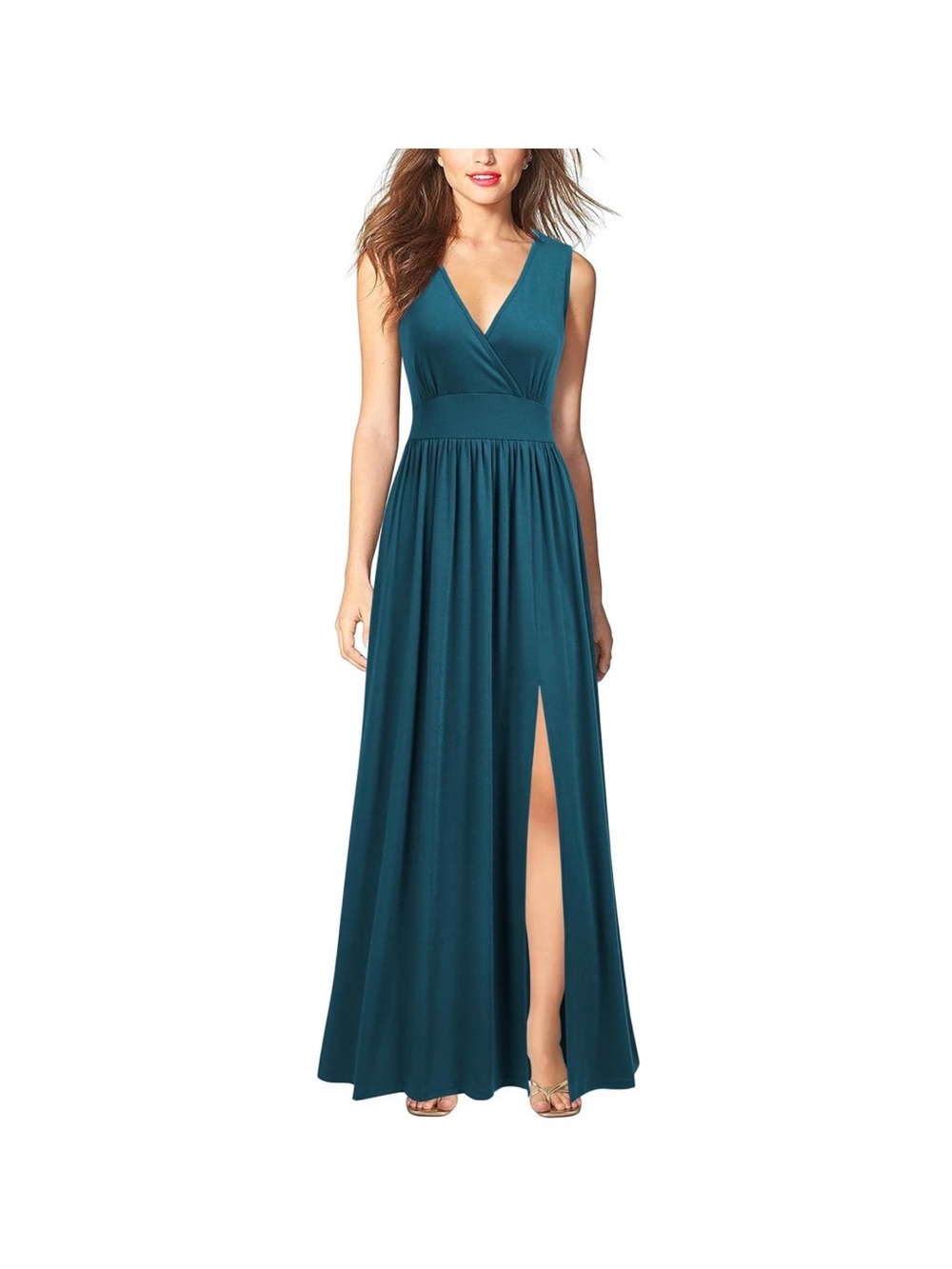 Sleeveless Teal V-Neck Maxi Dress with Front Slit